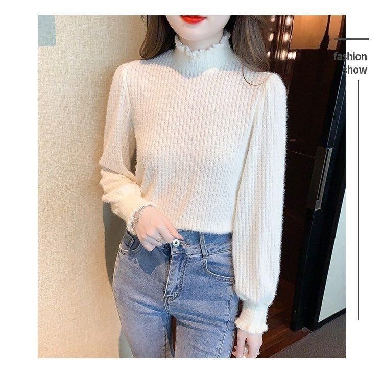 Top Long-Sleeve Plain Mock Neck Lace