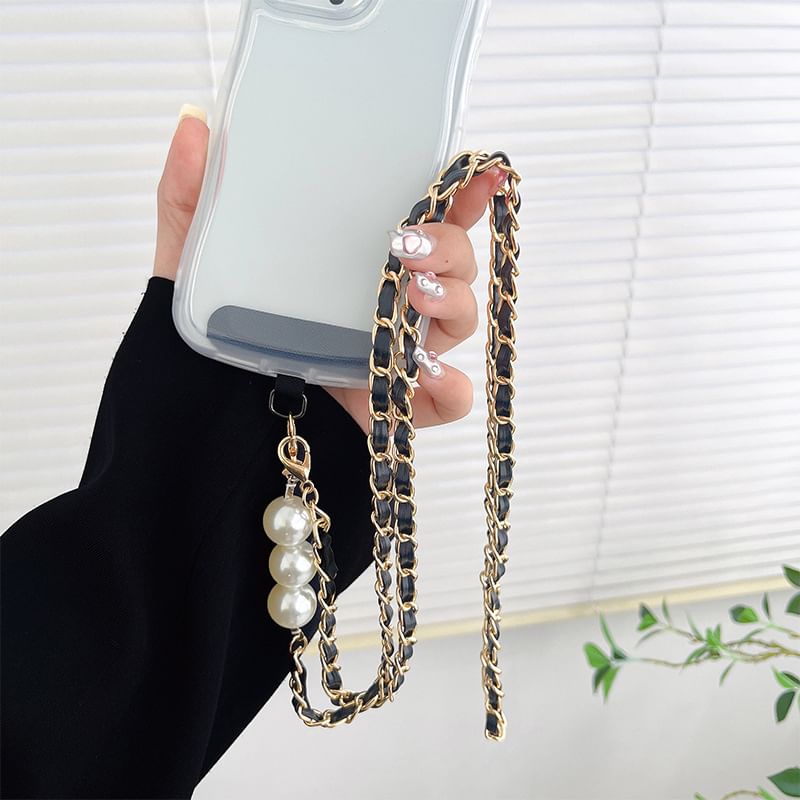 Pearl Lanyard Faux Alloy Phone Leather