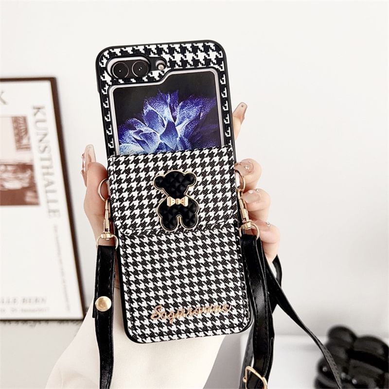 Phone Lanyard Case Houndstooth Pearl Cat Faux