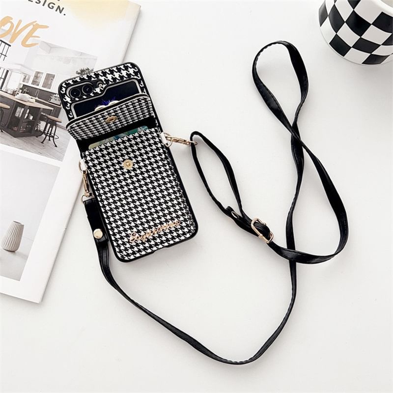 Phone Houndstooth Lanyard Case Pearl Faux Cat