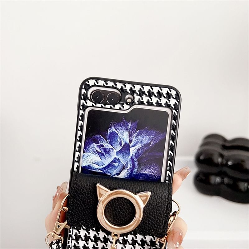 Phone Lanyard Case Houndstooth Pearl Cat Faux