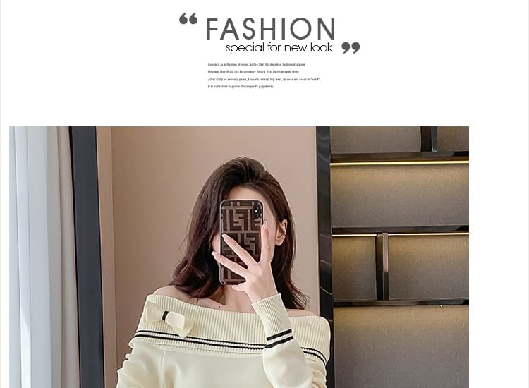 Set: Off Shoulder Striped Sweater + Mid Rise Plain Mini Pleated Skirt