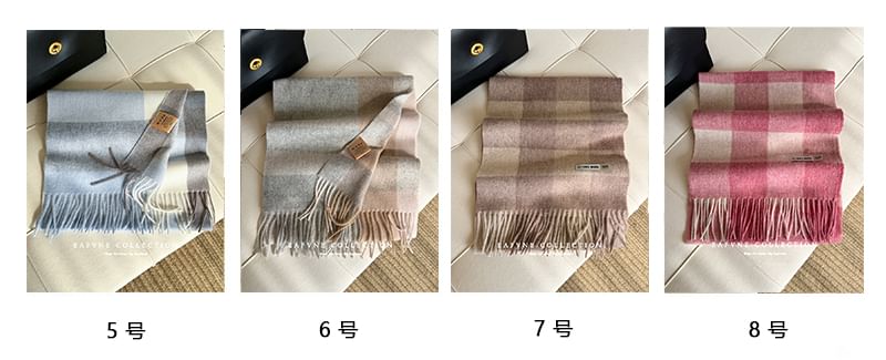 Wool Applique Plaid Lettering Scarf Fringed