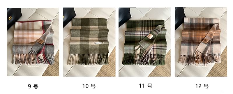 Wool Applique Plaid Lettering Scarf Fringed