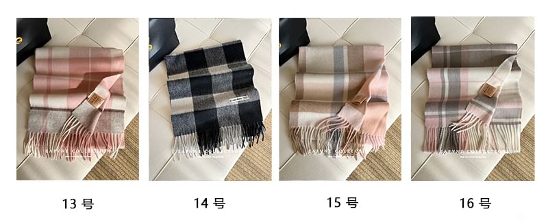Wool Applique Plaid Lettering Scarf Fringed