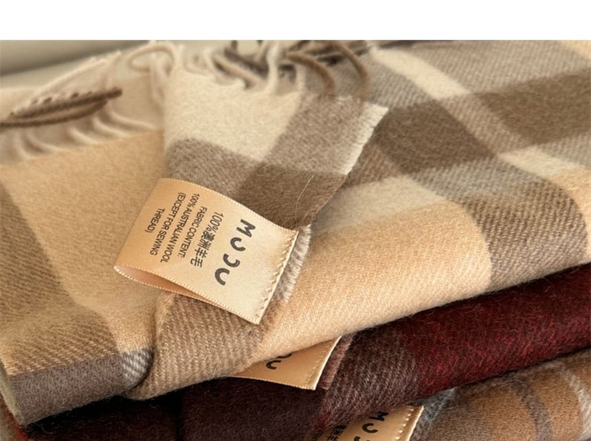 Wool Applique Plaid Lettering Scarf Fringed
