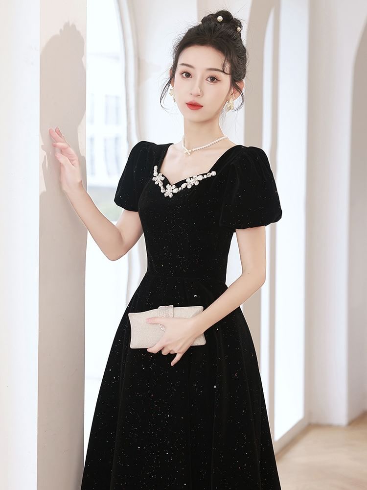 Glitter A-Line Velvet Puff-Sleeve Bow Rhinestone Back (Various Gown Designs) Evening