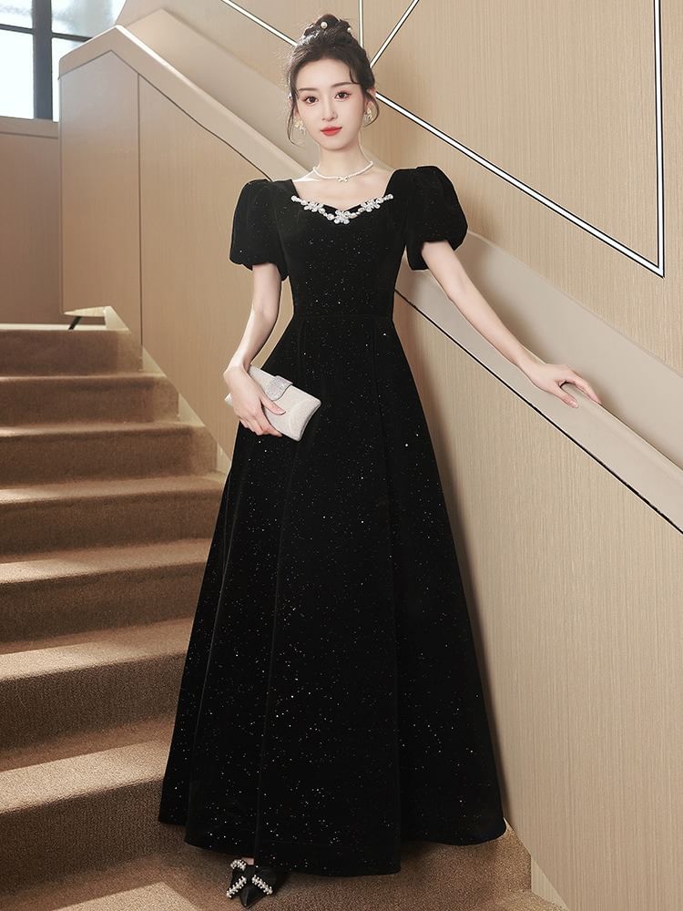Glitter A-Line Velvet Puff-Sleeve Bow Rhinestone Back (Various Gown Designs) Evening