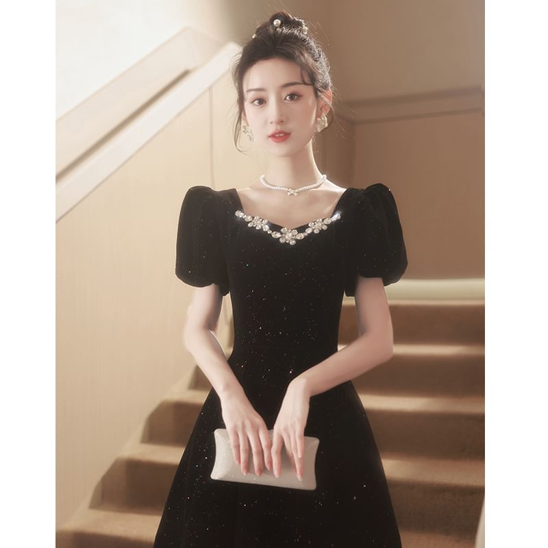 Glitter A-Line Velvet Puff-Sleeve Bow Rhinestone Back (Various Gown Designs) Evening