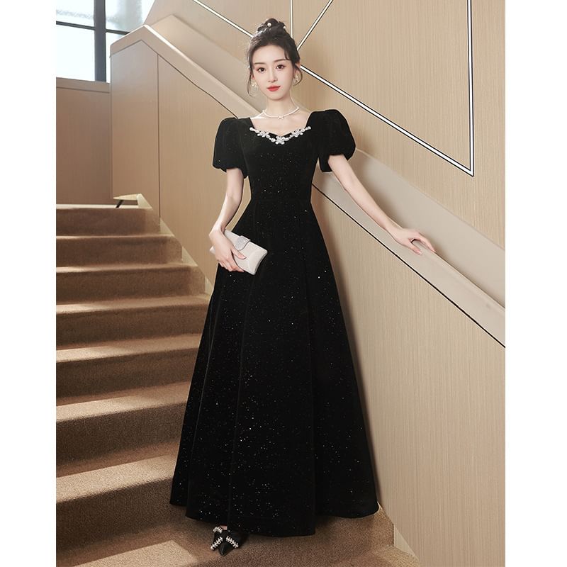 Glitter A-Line Velvet Puff-Sleeve Bow Rhinestone Back (Various Gown Designs) Evening