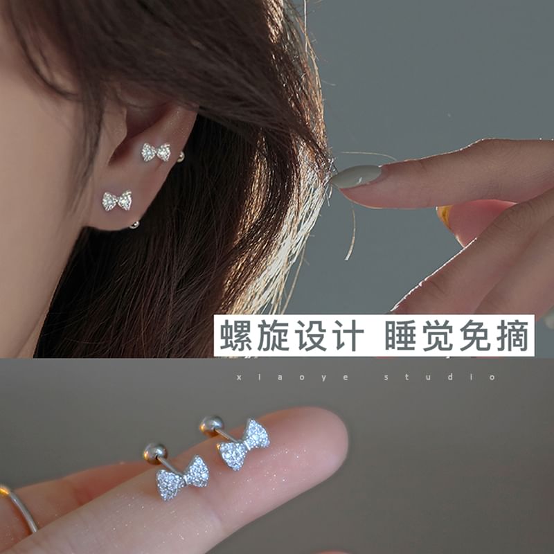 Sterling Barbell Earring Bow Rhinestone Silver