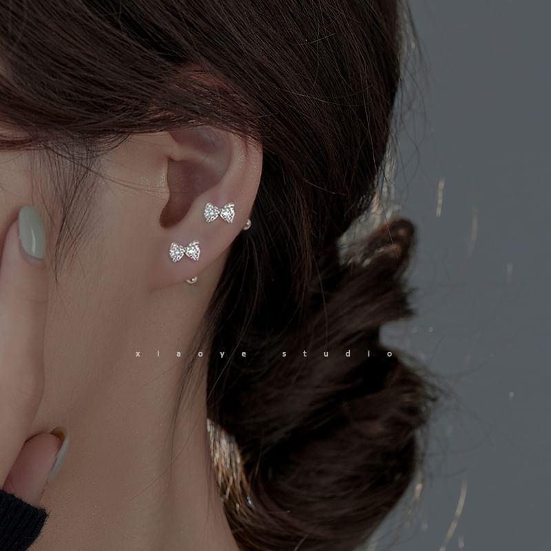 Sterling Barbell Earring Bow Rhinestone Silver