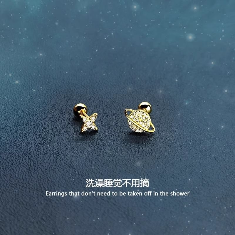 Rhinestone Barbell Sterling Asymmetrical Silver Earring Star