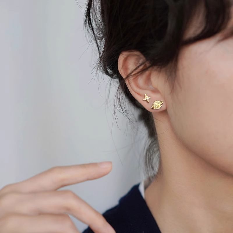 Rhinestone Barbell Sterling Asymmetrical Silver Earring Star