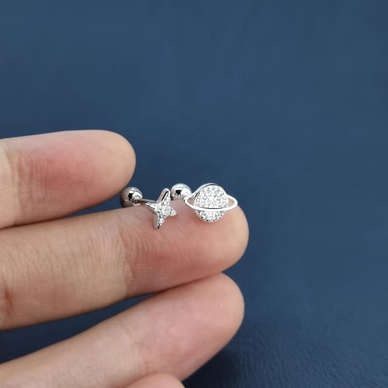 Rhinestone Barbell Sterling Asymmetrical Silver Earring Star