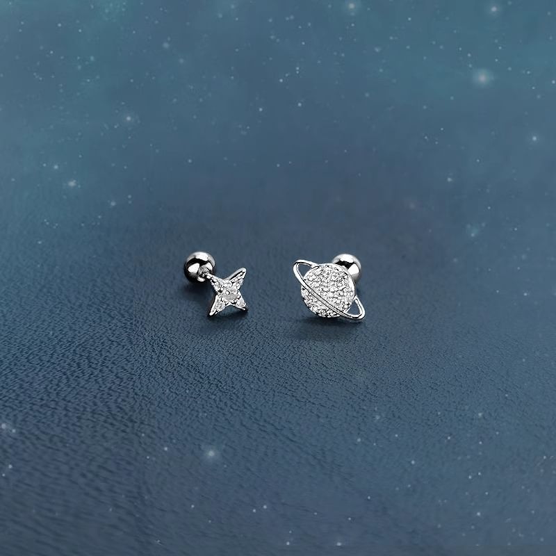 Rhinestone Barbell Sterling Asymmetrical Silver Earring Star