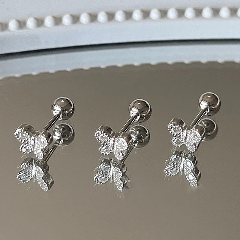 Rhinestone Sterling Silver Butterfly Barbell Earring