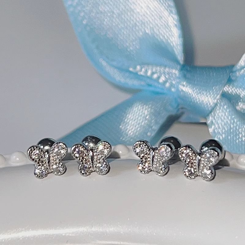 Rhinestone Sterling Silver Butterfly Barbell Earring