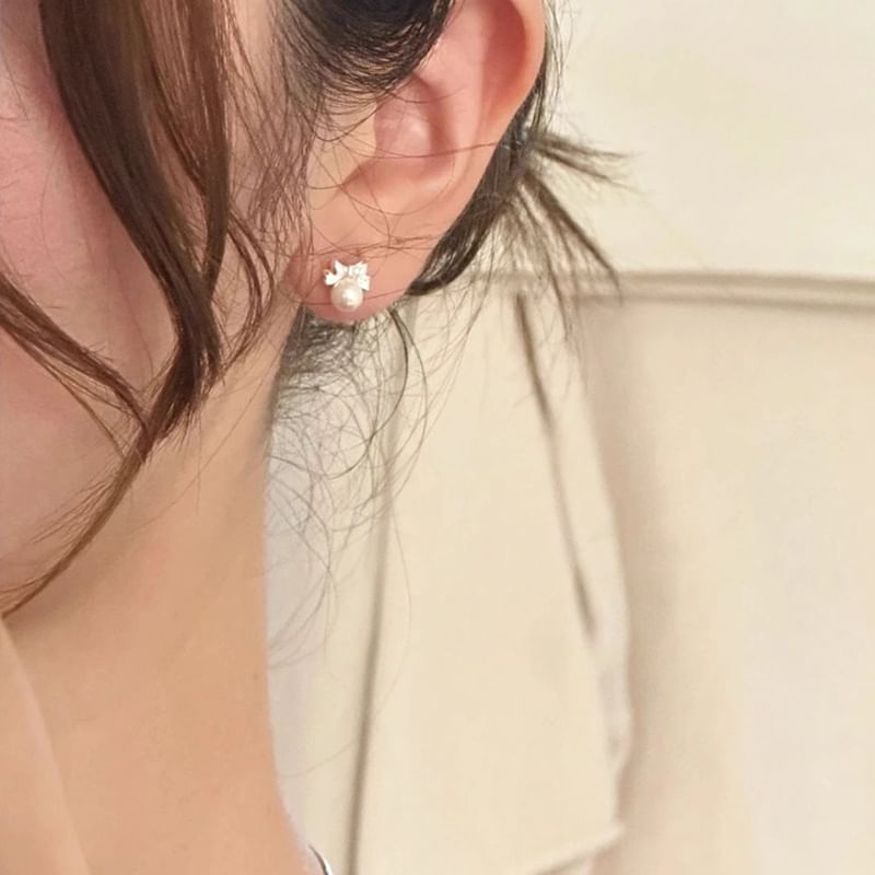 Pearl Barbell Earring Bow Sterling Faux Silver