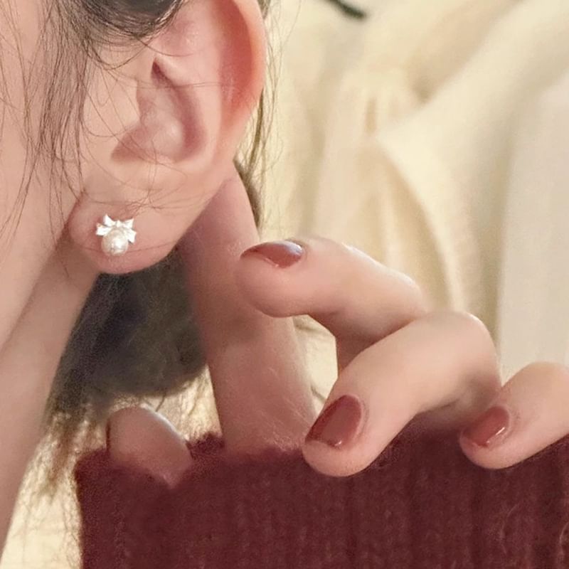 Pearl Barbell Earring Bow Sterling Faux Silver