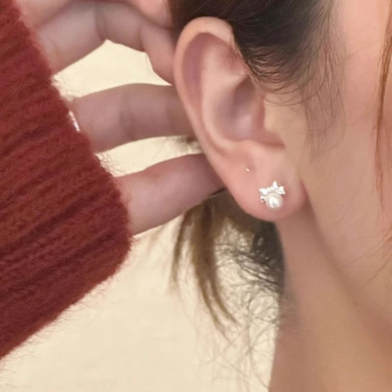 Pearl Barbell Earring Bow Sterling Faux Silver