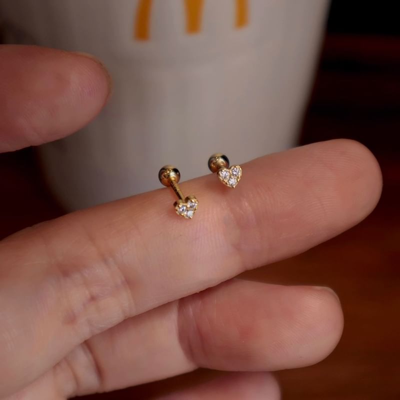 Sterling Heart Rhinestone Earring Barbell Silver