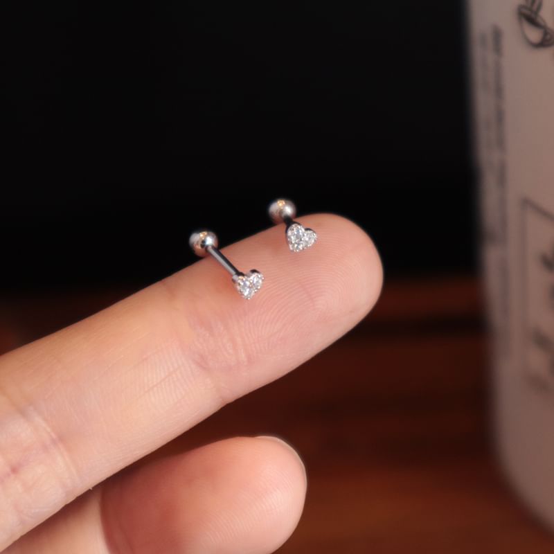 Sterling Heart Rhinestone Earring Barbell Silver
