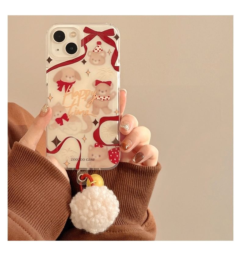 Bell Pom Phone Animal Ribbon Case
