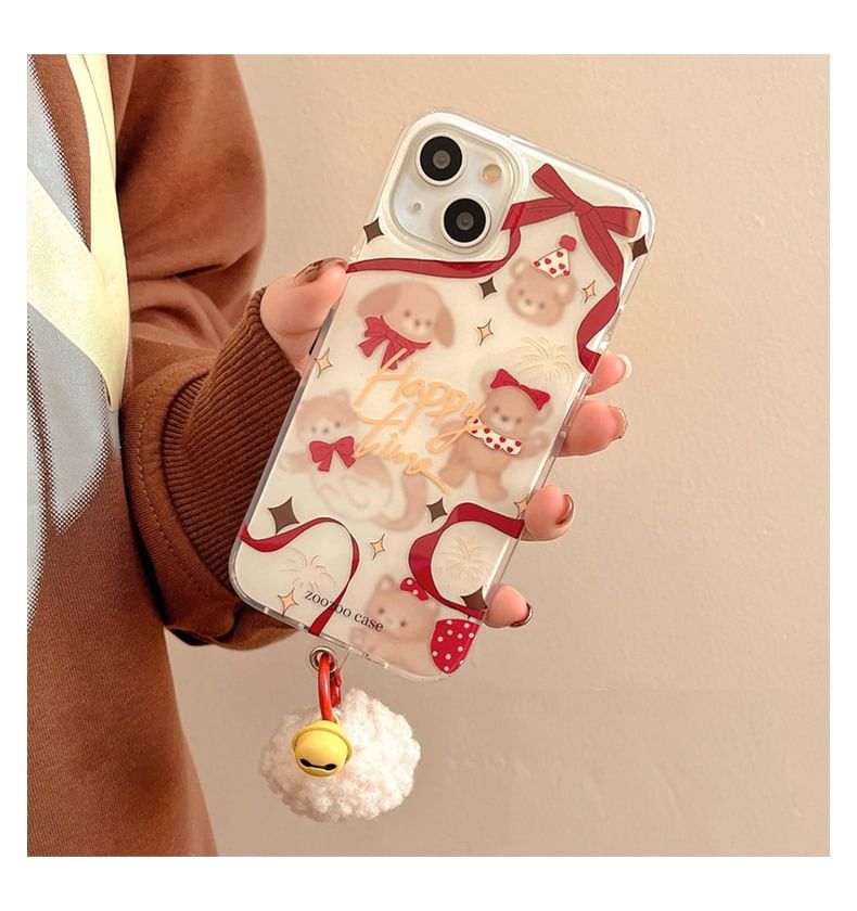 Bell Pom Phone Animal Ribbon Case