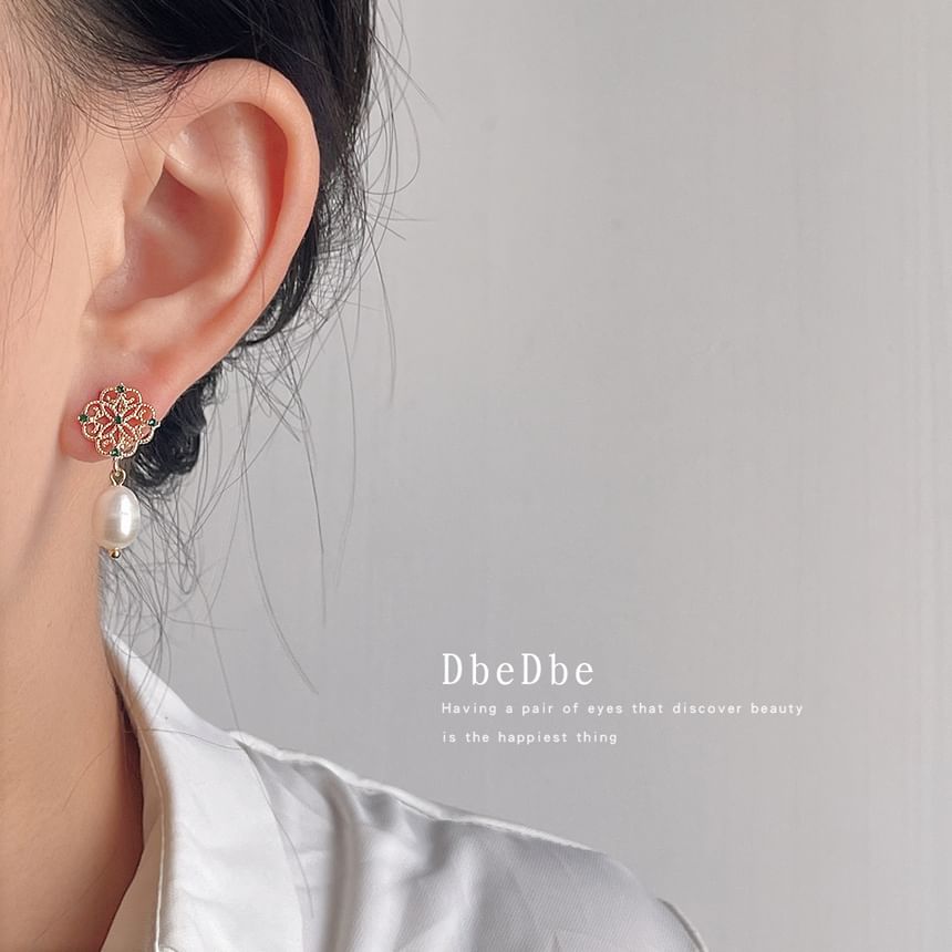 Pearl Rhinestone Earring Faux Clip-On Drop Floral