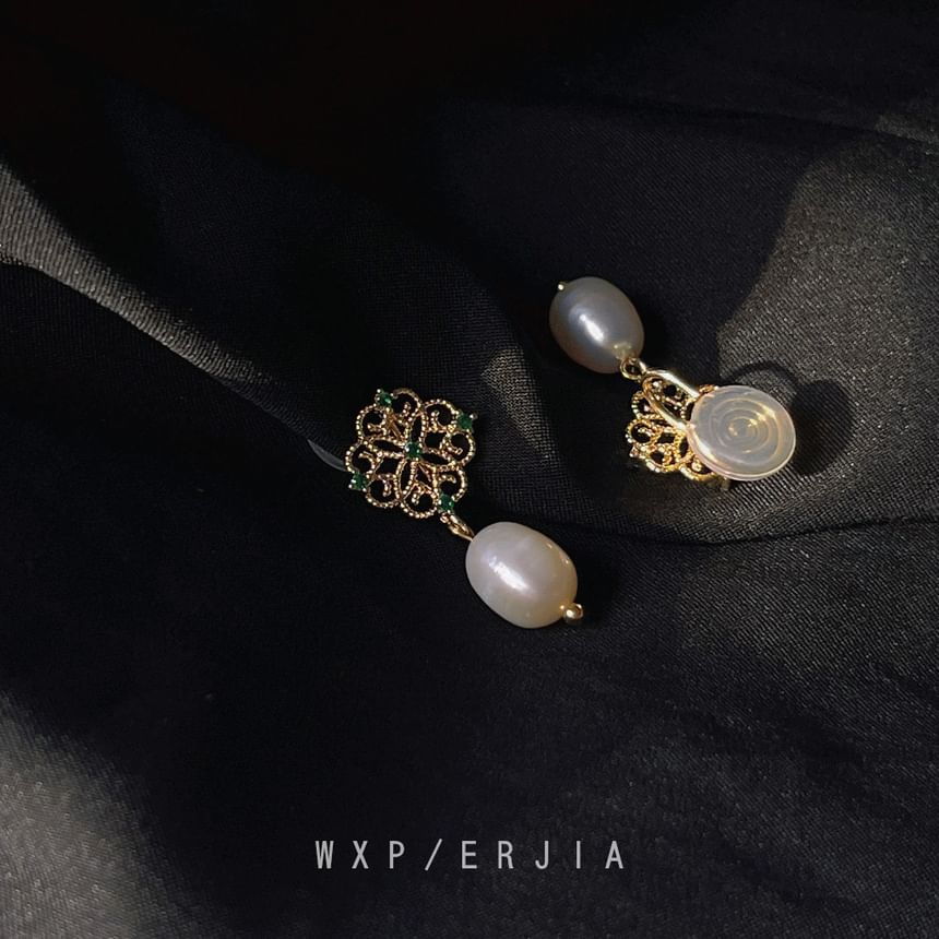 Pearl Rhinestone Earring Faux Clip-On Drop Floral