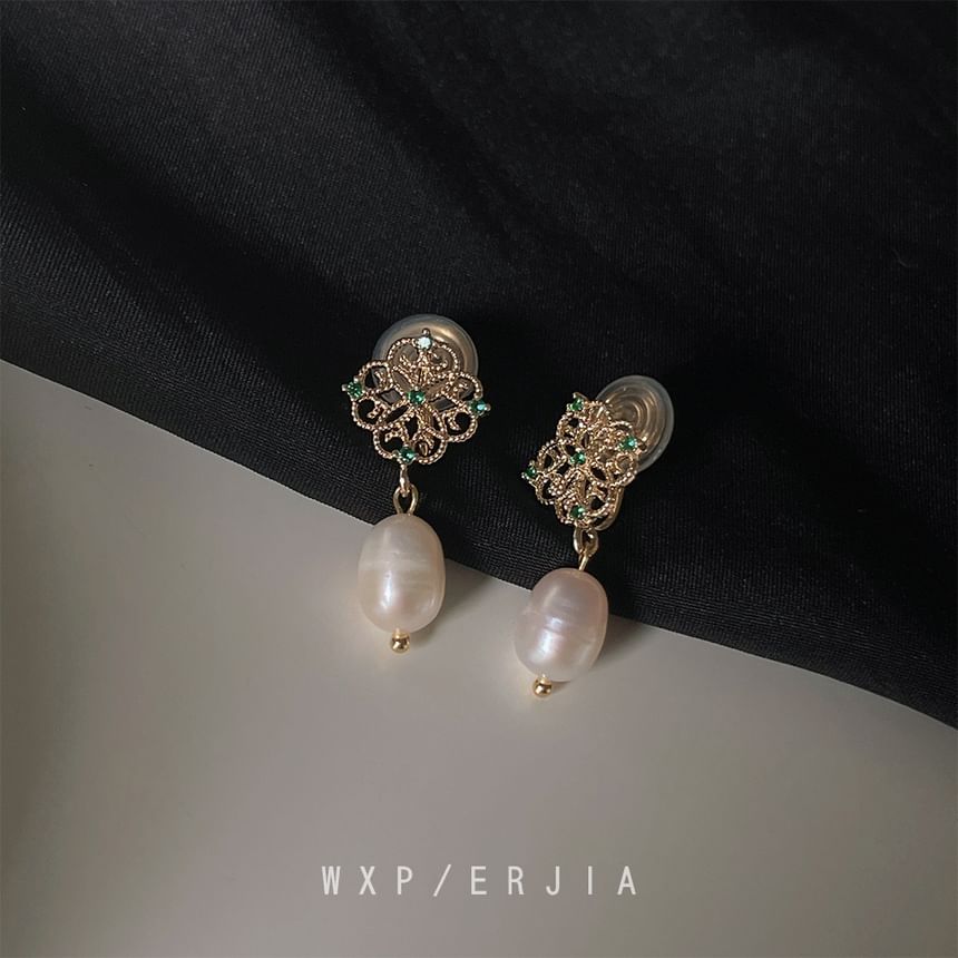 Pearl Rhinestone Earring Faux Clip-On Drop Floral