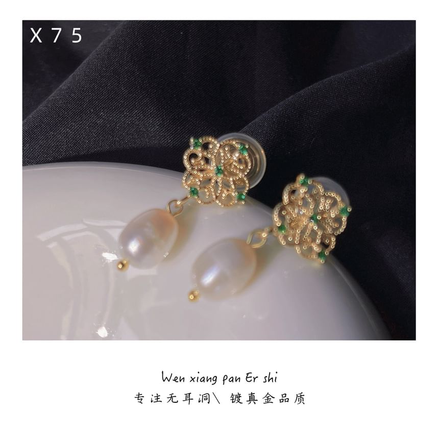 Pearl Rhinestone Earring Faux Clip-On Drop Floral
