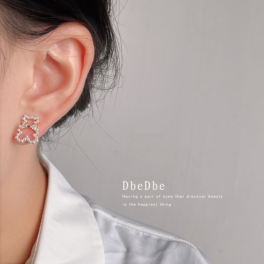 Earring Bear Pearl Faux Rhinestone Clip-On
