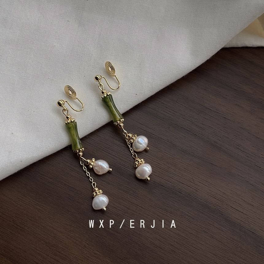 Clip-On Pearl Drop Bamboo Faux Earring