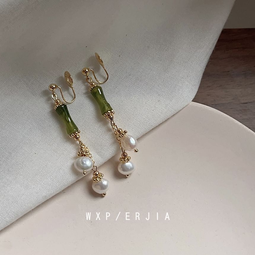 Clip-On Pearl Drop Bamboo Faux Earring