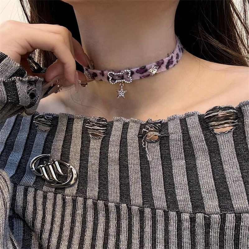 Print Bow Pearl Pendant Faux Choker Droplet Leopard