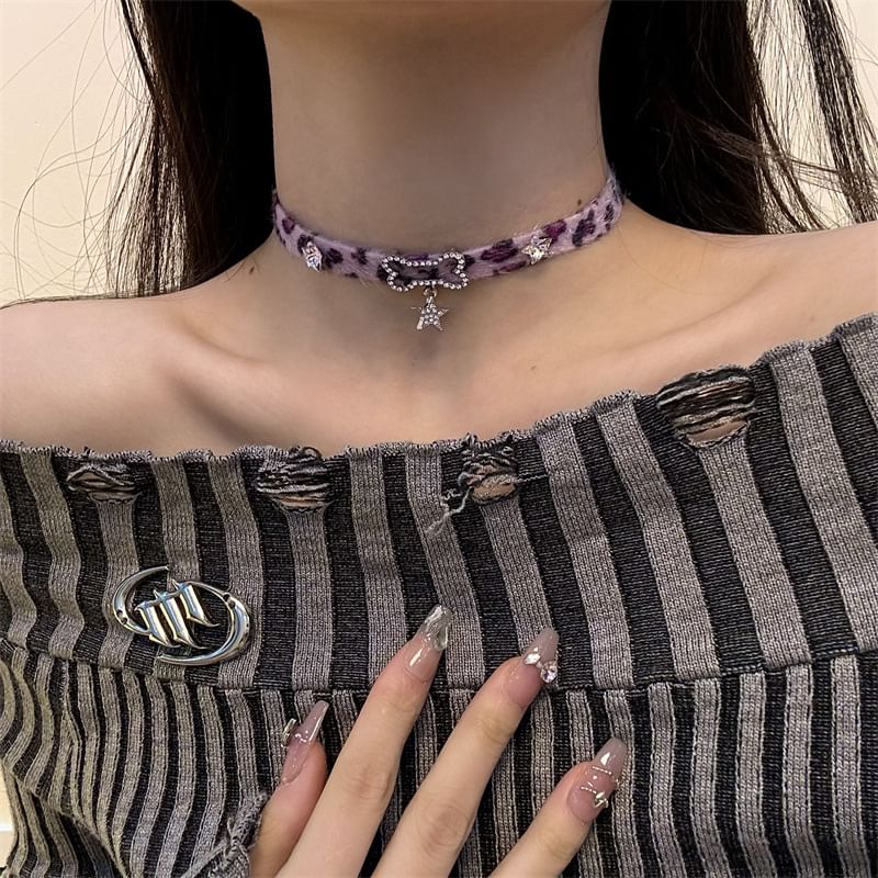 Print Bow Pearl Pendant Faux Choker Droplet Leopard