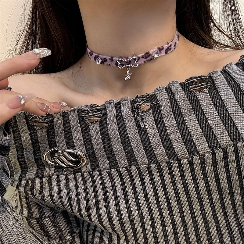 Print Bow Pearl Pendant Faux Choker Droplet Leopard