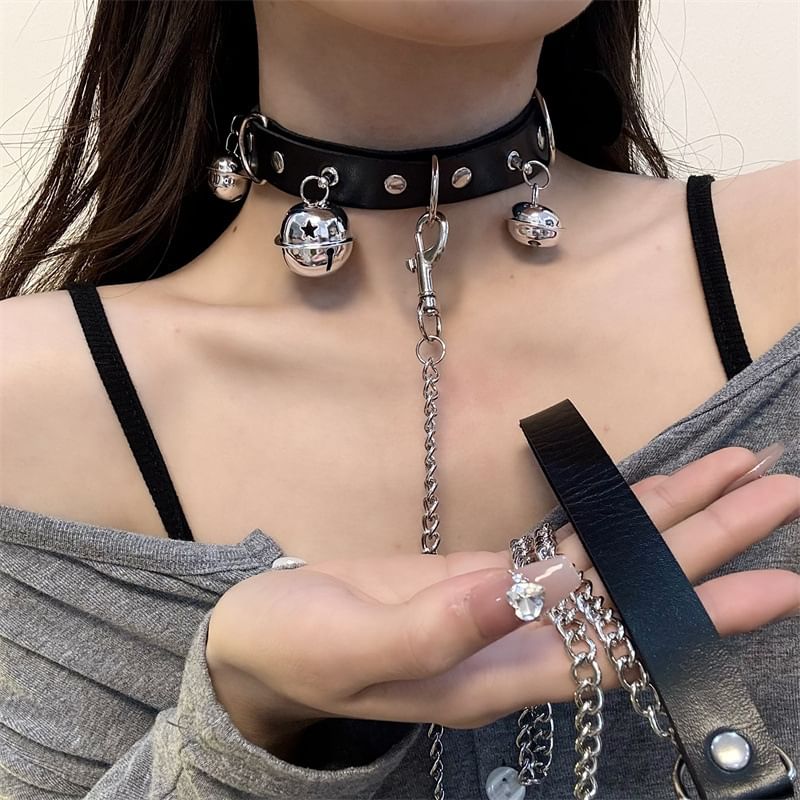 Leash Faux Bell Choker Leather /