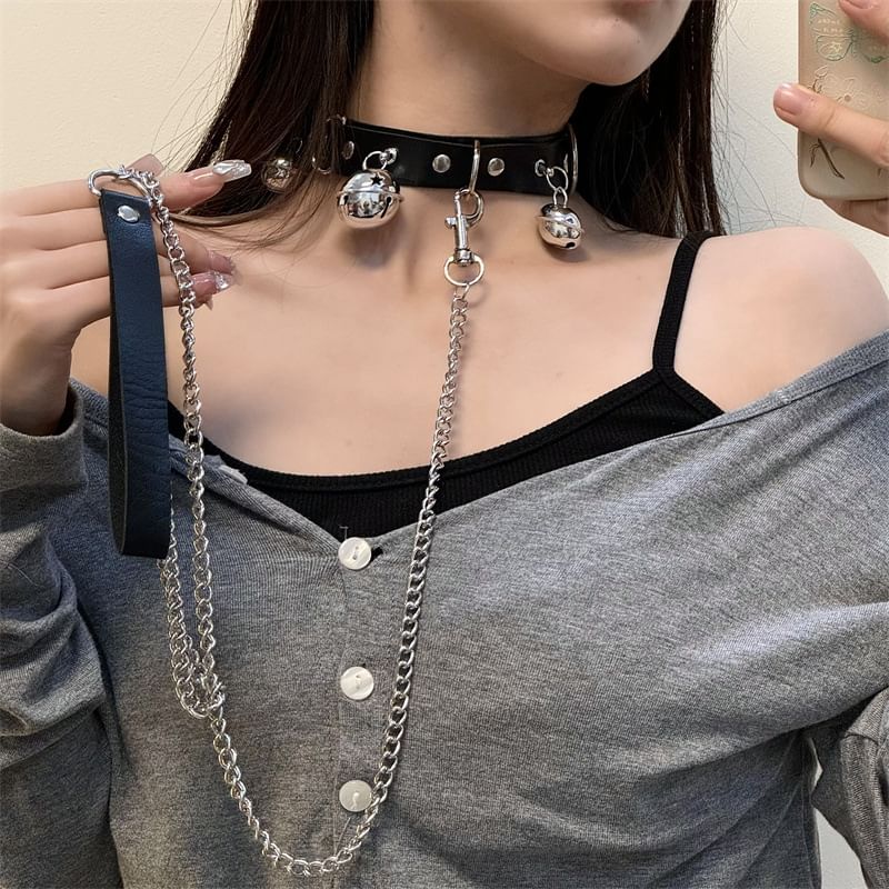 Leather Choker / Leash Faux Bell