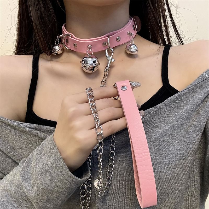 Leather Choker / Leash Faux Bell