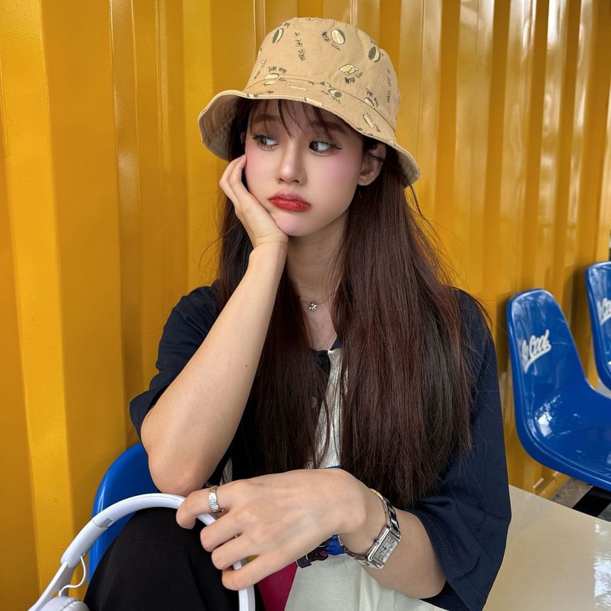 Lettering Hat Bucket Embroidered Reversible