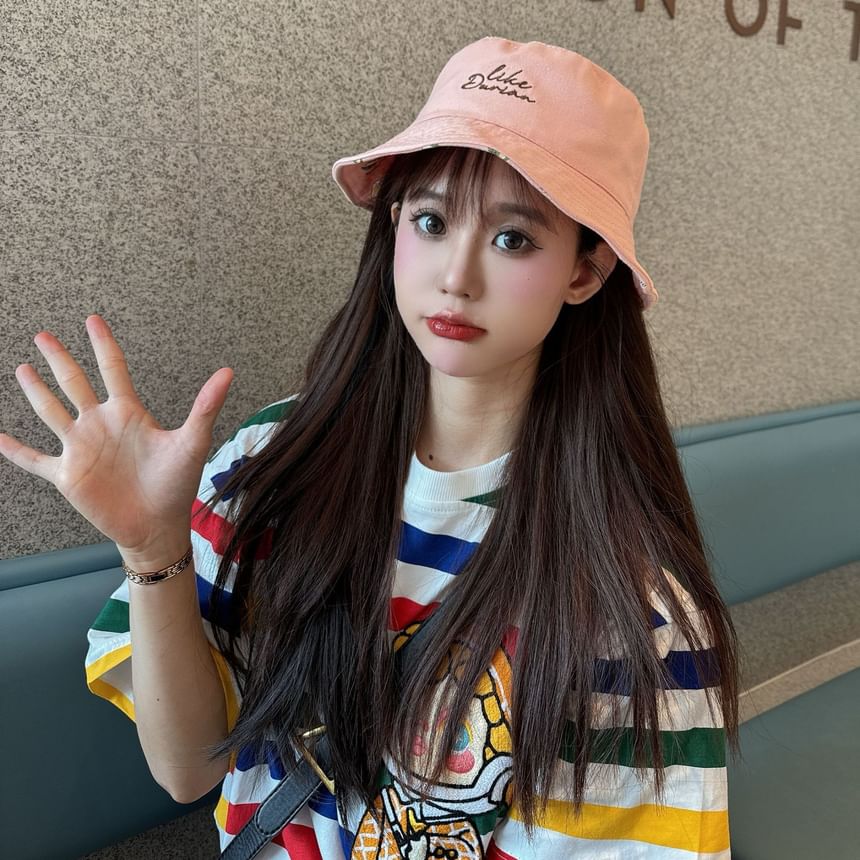 Lettering Hat Bucket Embroidered Reversible