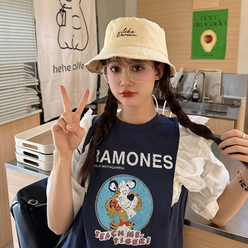 Lettering Hat Bucket Embroidered Reversible