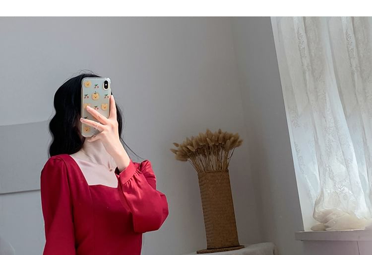 Midi Dress A-Line Long-Sleeve Neck Square Plain