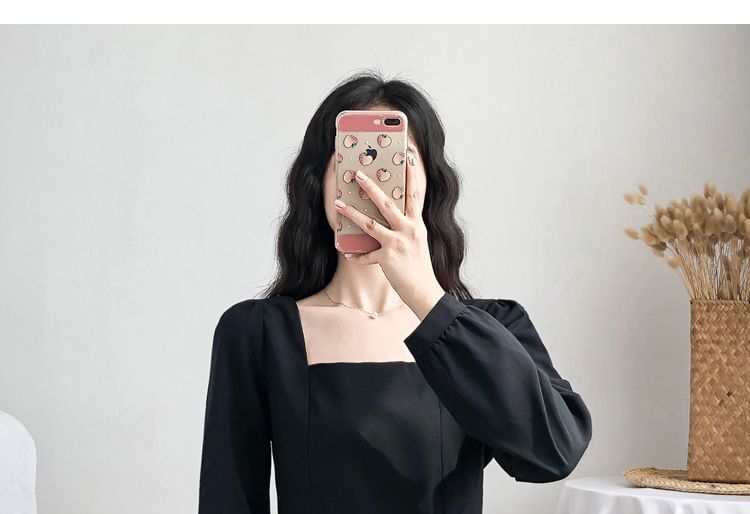 Midi Dress A-Line Long-Sleeve Neck Square Plain