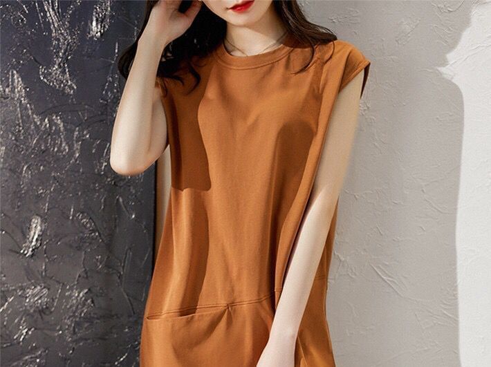 Cap-Sleeve Crew Neck Midi Plain Dress Shift