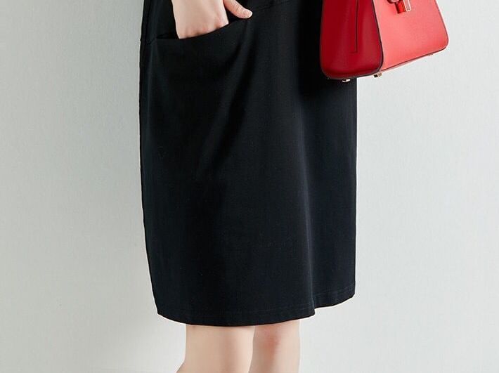 Cap-Sleeve Crew Neck Midi Plain Dress Shift