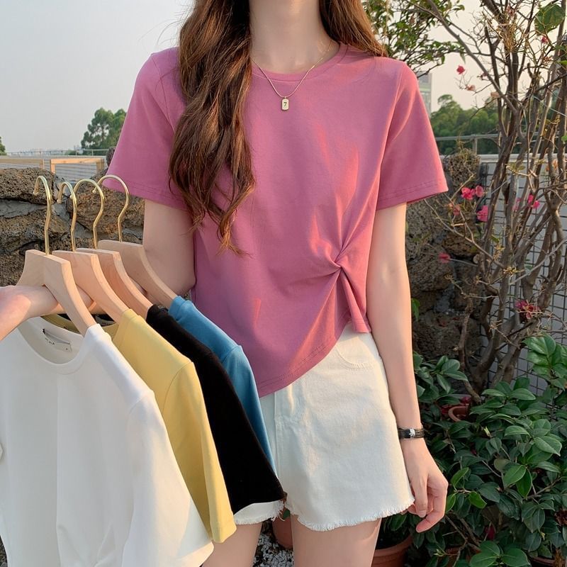Short-Sleeve T-Shirt Plain Neck Crew Asymmetrical Crop Ruched
